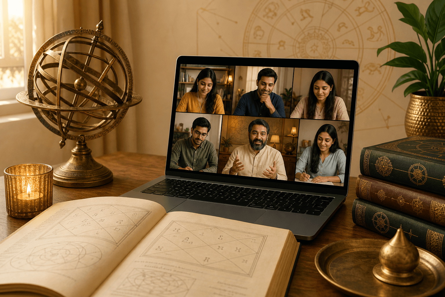 Premium astrology workshop scene with a live online class