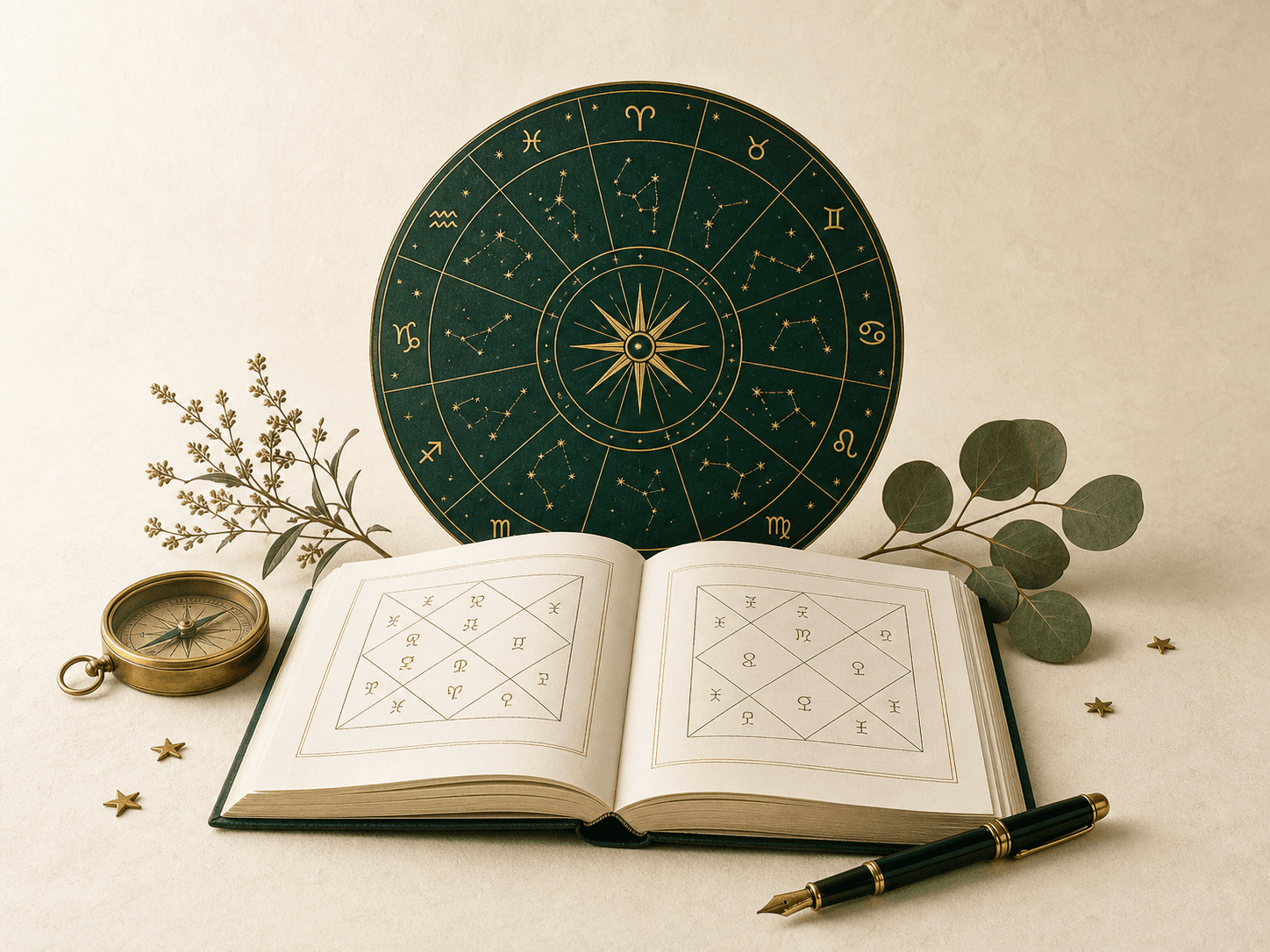 Zodiac wheel and open Vedic birth chart book